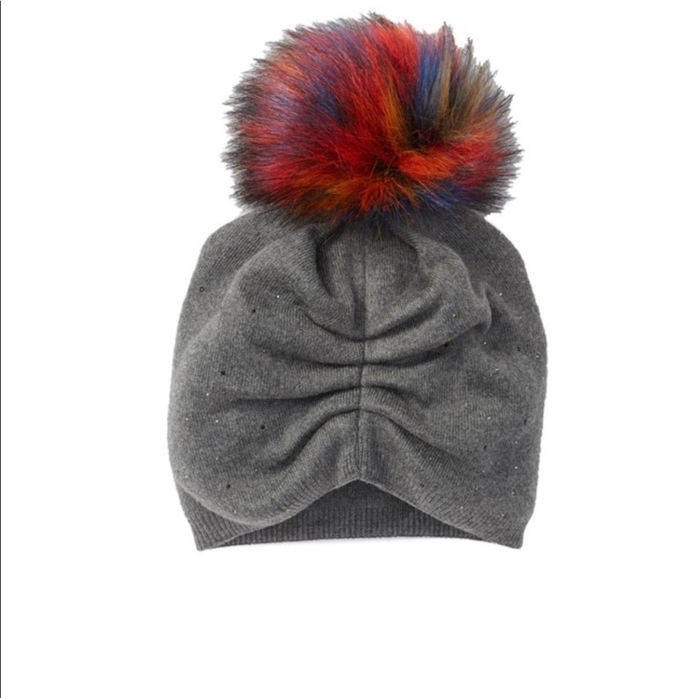 Norla Faux Fur Grey Sparkle Pom Pom Beanie